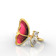 Colorful Butterfly Open Ring – 925 Sterling Silver, Yellow Gold Plated, Red & Black Enamel | Vibrant & Elegant Jewelry for Her