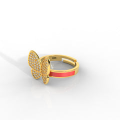 Personalized Butterfly Ring for Women – Hallmarked 925 Sterling Silver with Yellow Gold Plating and Red Enamel, Perfect for Every Occasion